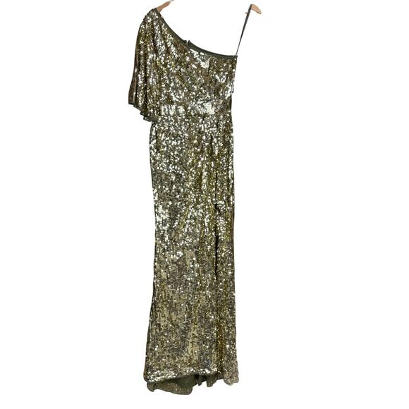 Mac Duggal NWT One Shoulder Bell Sleeve Sequin Gown Gold Size 6 Metallic Slit - Picture 3 of 11